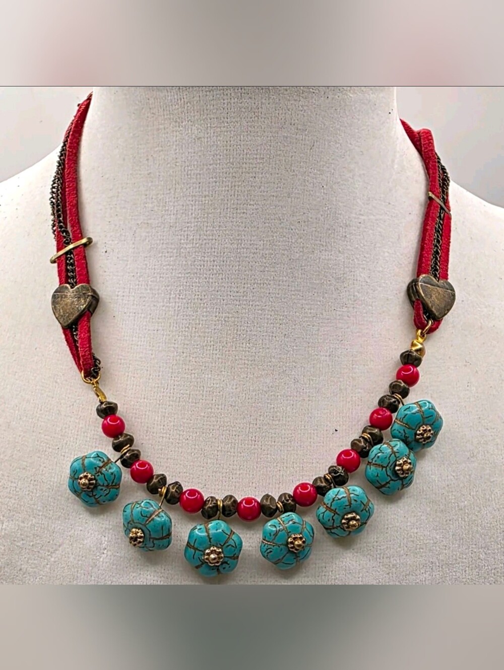 Vintage Southwestern Stone Carved Pumpkin Floral Bead Collar Leather Necklace